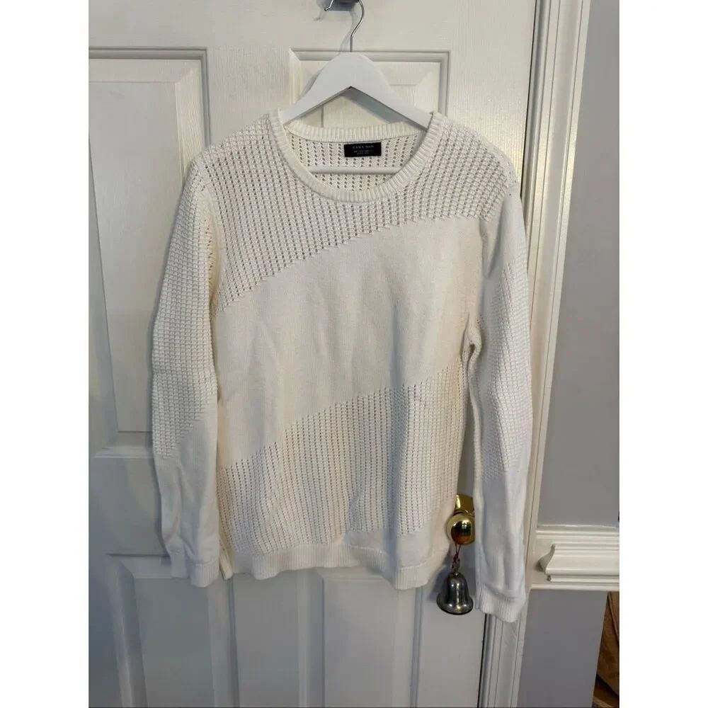 Zara Man Men’s White Loose Mixed Knit Crewneck Sweater Sz L EUC
